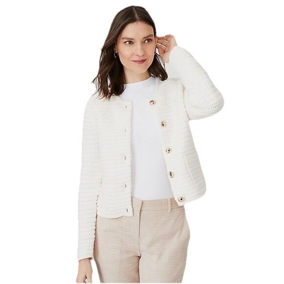 Ann Taylor Geo Stitch Knit Button Down Cardigan Jacket Cream Old Money Size S/M - Picture 1 of 13
